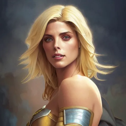 Image similar to Ashley Greene with blonde hair as Power Girl, western, D&D, fantasy, intricate, elegant, highly detailed, digital painting, artstation, concept art, matte, sharp focus, illustration, art by Artgerm and Greg Rutkowski and Alphonse Mucha