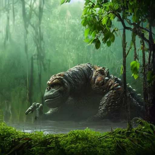 Image similar to A photograph of a giant monster lurking in the swamp, crocodile, mangrove swamp, murky water, (vines), gorilla, trending on artstation, bog, ((tiger)), Godzilla, (((dragonfly))), ((mist)), bugs, lilypad