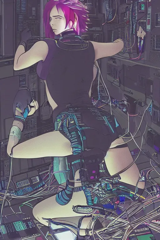 Image similar to hypedetailed cyberpunk illustration of motoko kusanagi kneeling on the floor in a tech lab, with a mess of wires and cables coming out of her head and backside, by masamune shirow and katsuhiro otomo, colorful, complex, back view