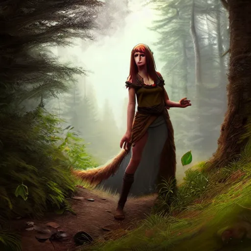 Prompt: a pretty female druid surrounded by forest animals, in the woods, hyper realistic, digital painting, photorealistic, in the style of greg rutkowski, highly detailed