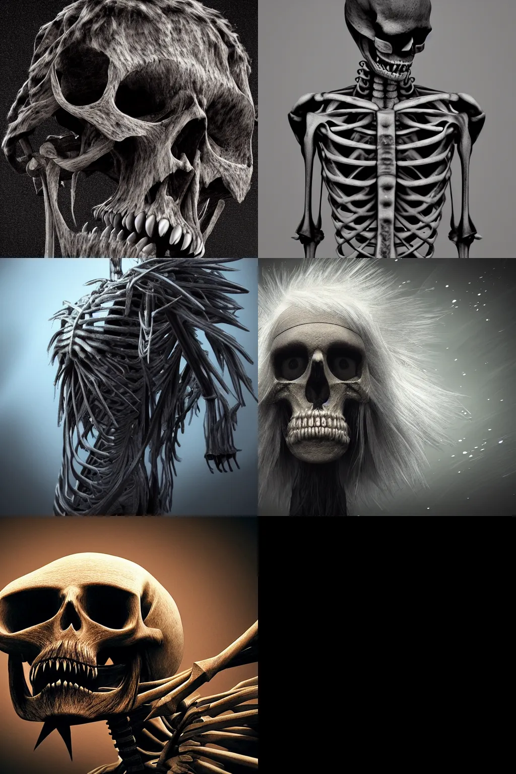Prompt: a very hairy skeleton, digital art, dramatic, render, good quality, 4 k, dark background