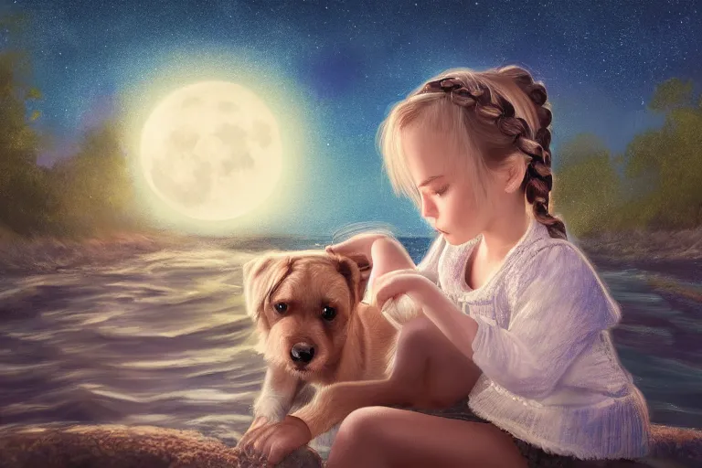 Prompt: beautiful digital painting of a cute little girl with braided hair on a boat ride with her puppy, moonlit nightscape, smooth, realistic face and skin tones, trending on artstation, 8 k, 4 k