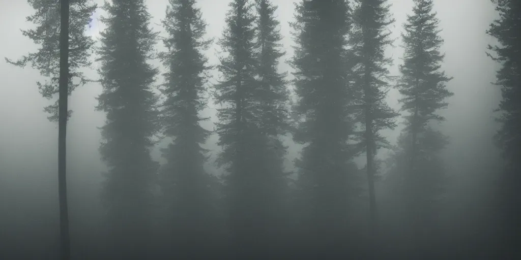 Image similar to a silouhette of a fish swimming in the air of a dark and gloomy forest, dreamscape, tall pine trees, foggy, gloomy