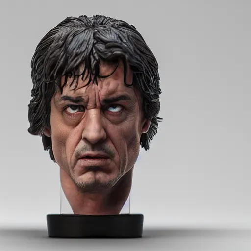 Image similar to rambo versus rocky, focused, mugshots, photoshoot, sharp details, face photo, face details sharp, by donato giancola and greg rutkowski and wayne barlow and zdzisław beksinski, eyeballs, product photography, action figure, sofubi, studio lighting, colored gels, colored background,