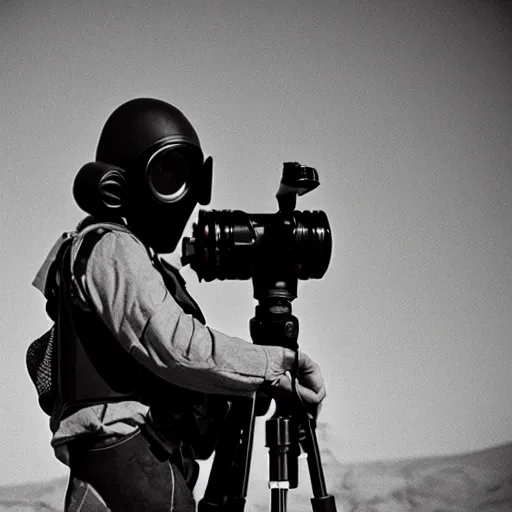 Image similar to a man wearing a gasmask, heavily equipped, in the desert, film still, arriflex 35