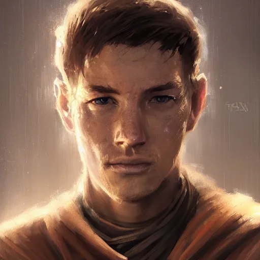Image similar to portrait of a man by greg rutkowski, jedi knight owen skywalker, messy copper hair, jedi robes, star wars expanded universe, he is about 2 0 years old, wearing jedi robes, highly detailed portrait, digital painting, artstation, concept art, smooth, sharp foccus ilustration, artstation hq