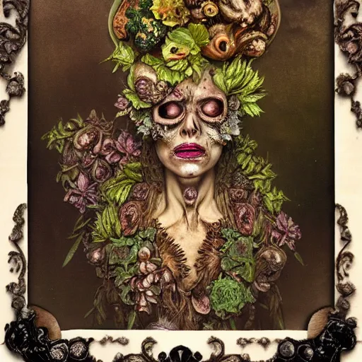 Image similar to a beautiful detailed front view baroque portrait of a rotten woman corpse becoming almost a skull with fractal plants and fractal flowers and mushrooms growing around, intricate, ornate, volumetric light, beautiful lit, polaroid photography