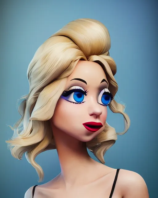 Image similar to beautiful cute blonde - haired blue - eyed female muppet wearing elegant silk dress and high - heels, lipstick, award winning full - length photography, extremely detailed, artstation, 8 k, sensual lighting, incredible art, fortnite, wlop, pixar, disney, artgerm, backlit, rim lighting, hi - fructose