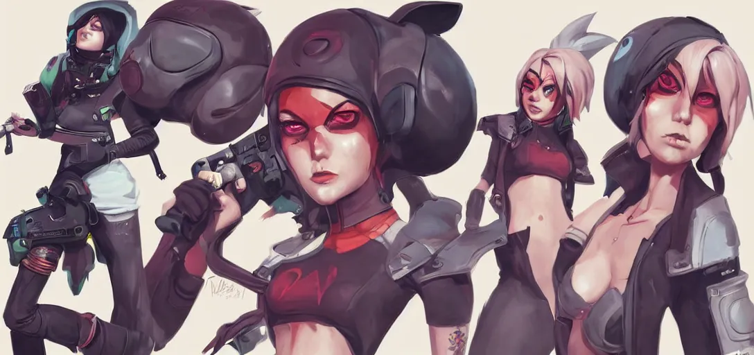 Image similar to concept art of punk female video game characters head designs, loud, intimidating, disgaea, flcl, overwatch, by marc brunet and artgerm