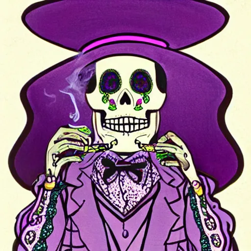 Image similar to a calavera wearing a purple sombrero smoking a joint, art nouveau, beautiful