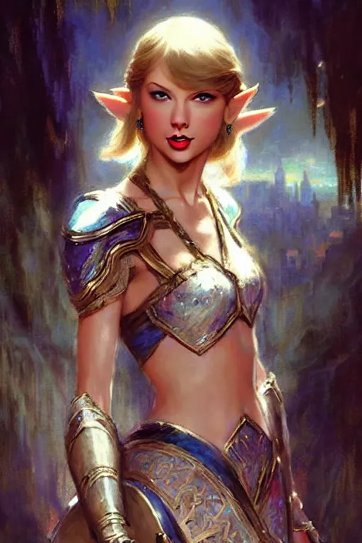 Image similar to taylor swift as princess zelda as a magic the gathering card portrait dnd, painting by gaston bussiere, craig mullins, greg rutkowski, yoji shinkawa