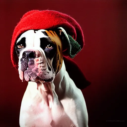 Prompt: portrait of american bulldog as afghan puppy, green eyes and red scarf looking intently, photograph by steve mccurry