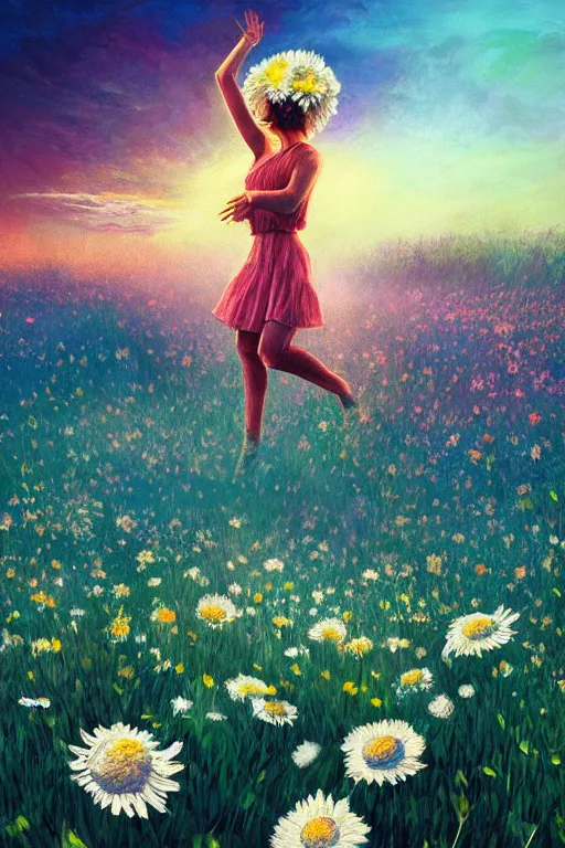 Image similar to giant white daisies flower head, girl dancing in a flower field, surreal photography, sunrise, dramatic light, impressionist painting, colorful clouds, digital painting, artstation, simon stalenhag