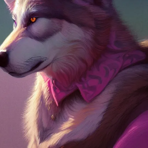 Image similar to painted portrait of realistic wolf wearing pink shirt ans smoking, intricate, digital painting, artstation, concept art, smooth, sharp focus, illustration, art by jean giraud, edward hopper, gaston bussiere and greg rutkowski