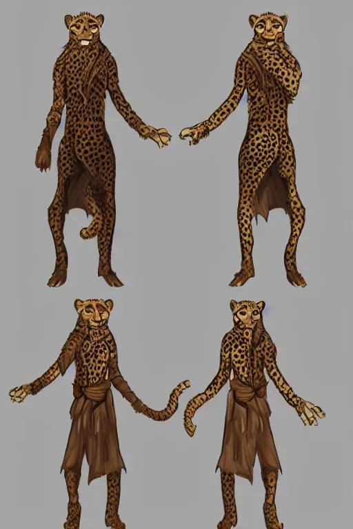 Prompt: Humanoid Cheetah, Animal face, D&D, Tabaxi, Simple plain robe attire, fantasy setting, character concept art