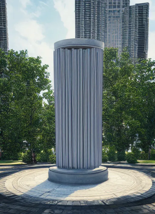 Prompt: highly detailed realistic architecture 3 d render of a futurisctic stele made from coin stacks standing in a city park, archdaily, made in unreal engine 4 octane render