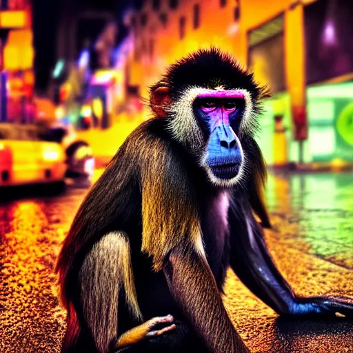 Image similar to a high quality low wide angle photo of a Mandrill monkey on the streets of a cyberpunk city, rainy, reflective ground, neon lights, realism, 8k