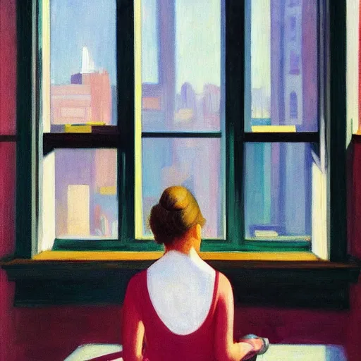 Image similar to “ a girl holding a cup of coffee looking out a window overlooking the east village in new york city, morning light, by edward hopper ”