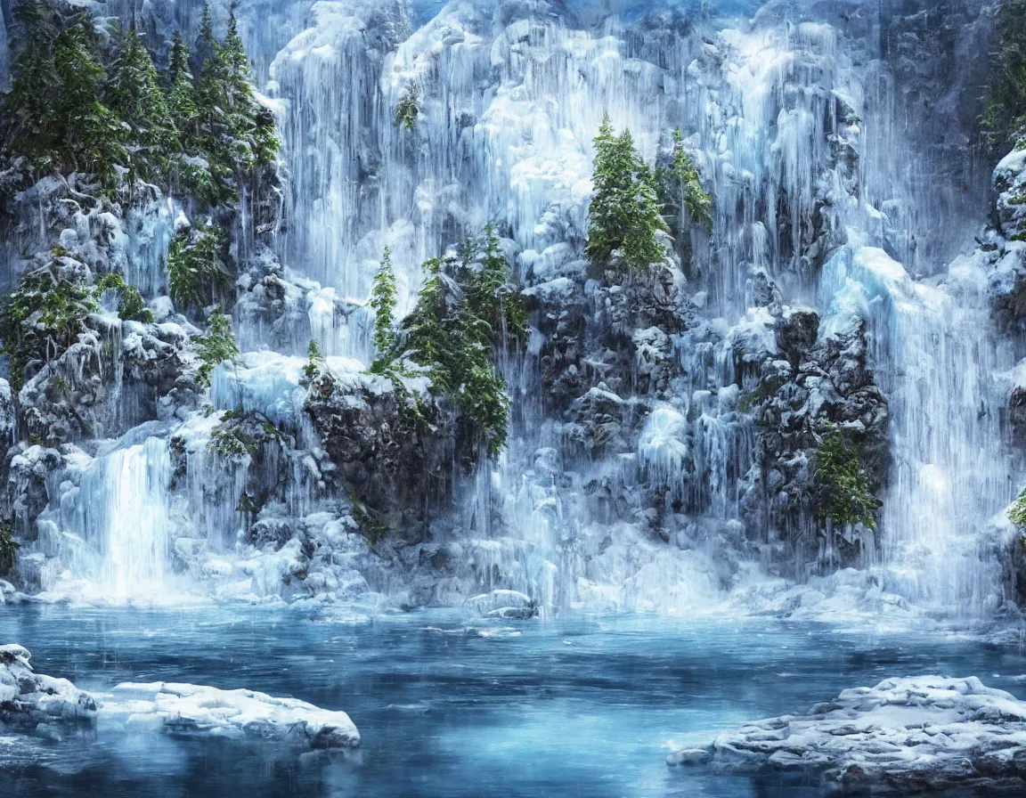 Prompt: hyper realistic oil painting of frozen sphere island with waterfall, floating in the air, hd, hdr, by stanisław wyspianski, ultra detailed, high resolution