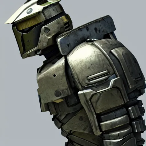 Prompt: a heavily armored soldier wearing a helmet resembling a birdcage, halo inspired, realistic octane render