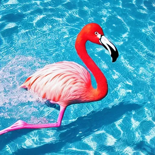 Prompt: photo of pink flamingo floater in a swimming pool