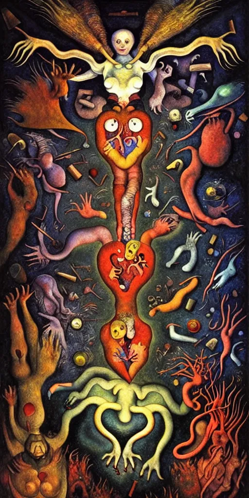 Image similar to mythical creatures and monsters in the visceral anatomical human heart imaginal realm of the collective unconscious, in a dark surreal mixed media oil painting by johfra, bosch, kandinsky, escher and ronny khalil, dramatic lighting from inner fire