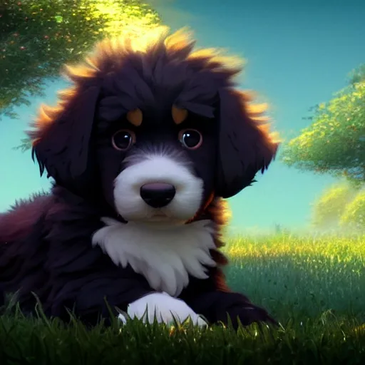 Image similar to a wholesome animation key shot of a black bernedoodle puppy, studio ghibli, pixar and disney animation, sharp, rendered in unreal engine 5, anime key art by greg rutkowski, bloom, dramatic lighting