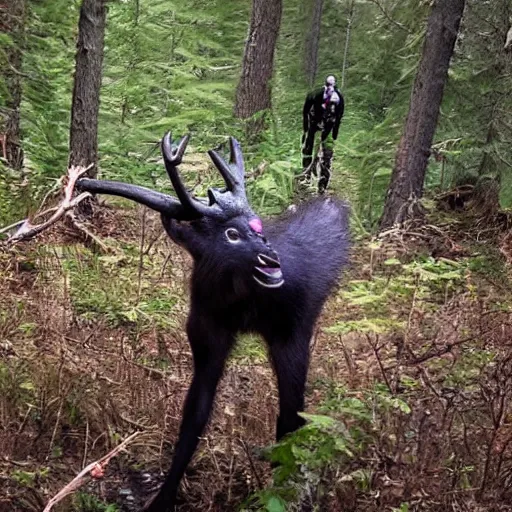 Prompt: trail cam footage of a wendigo exercising