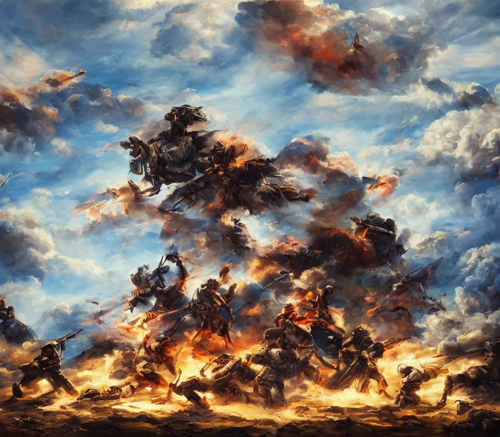 Prompt: a dramatic epic ethereal war scene during the Pacific War, year 1941 to 1945, dynamic poses, cinematic lighting, blue sky with beautiful clouds, warm and vibrant colors, highly detailed oil on canvas painting, winning-award digital art trending on Artstation