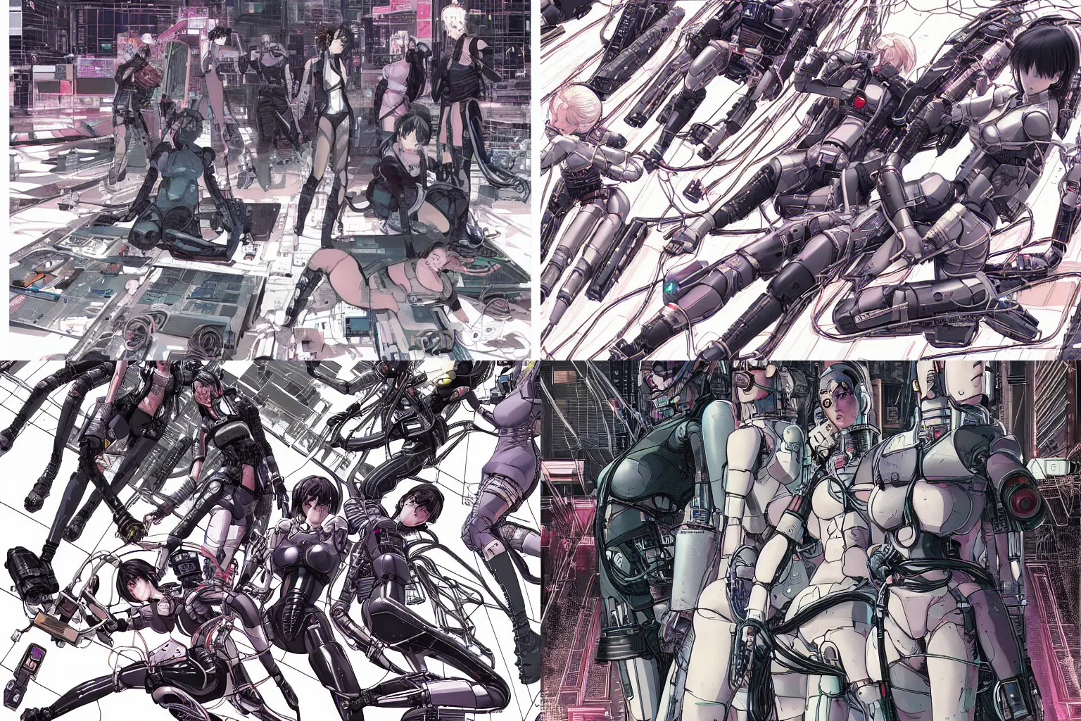 Prompt: a cyberpunk illustration of a group of four coherent female androids in style of masamune shirow, lying scattered across an empty, white floor with their bodies rotated in different poses and cables and wires coming out, by yukito kishiro and katsuhiro otomo, hyper-detailed, intricate