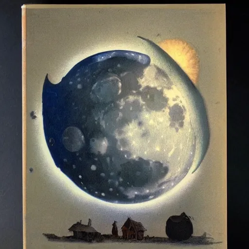 Image similar to dan morris celestial talking moon portrait, side view, surrounded by clouds, illustrated by peggy fortnum and beatrix potter and sir john tenniel