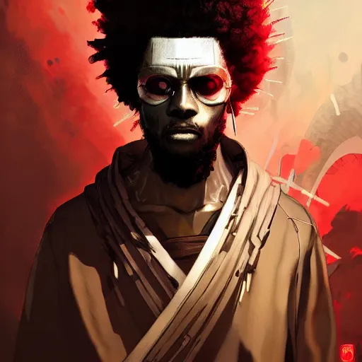 Prompt: afro samurai with robotic eyes in a cyberpunk style, Apex Legends character, digital illustration portrait design, by android jones and greg rutkowski, retrowave color scheme, detailed, cinematic lighting, wide angle action dynamic portrait