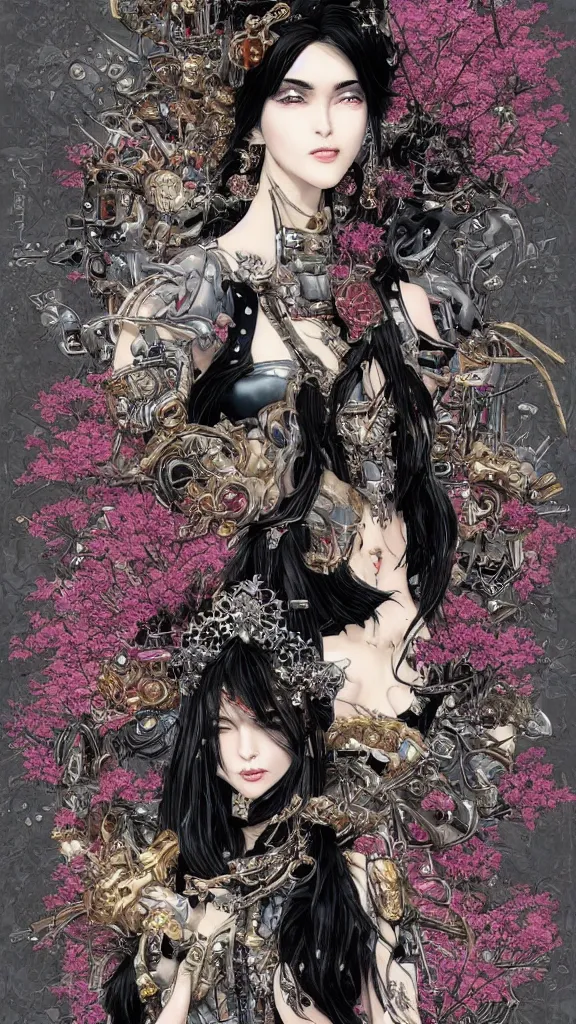 Image similar to cyberpunk fashion a beautiful black haired woman with pale skin and a crown on her head sitted on an intricate metal throne skin wrapped in flowers and wired, vintage style, by yoichi hatakenaka, masamune shirow, josan gonzales and dan mumford, ayami kojima, takato yamamoto, barclay shaw, karol bak, yukito kishiro