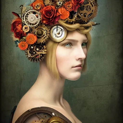 Image similar to portrait of a beautiful young cyborg woman with a big steampunk flower crown and part mechanical face , Pre-Raphaelite