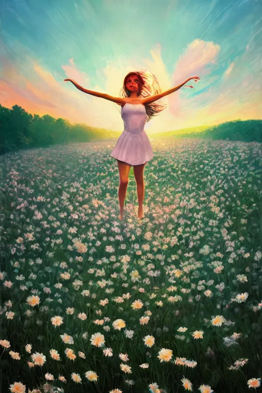 Image similar to giant white daisies flower head, girl dancing in a flower field, surreal photography, sunrise, dramatic light, impressionist painting, colorful clouds, digital painting, artstation, simon stalenhag