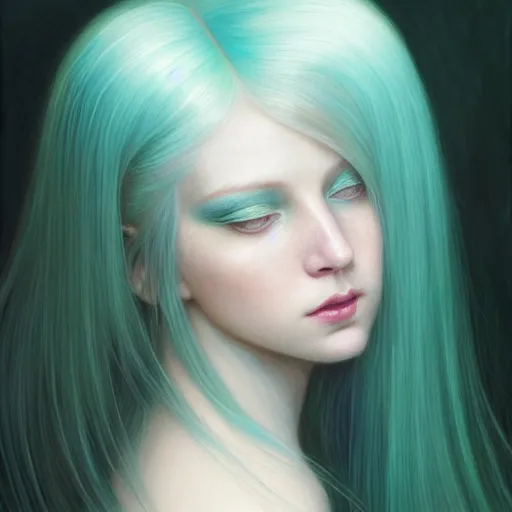 Image similar to portrait of girl with pale teal hair, luna moth, uniquely beautiful, fantasy, intricate, elegant, dramatic lighting, emotionally evoking symbolic metaphor, highly detailed, lifelike, photorealistic, digital painting, artstation, concept art, smooth, sharp focus, illustration, art by John Collier and Albert Aublet and Krenz Cushart and Artem Demura and Alphonse Mucha