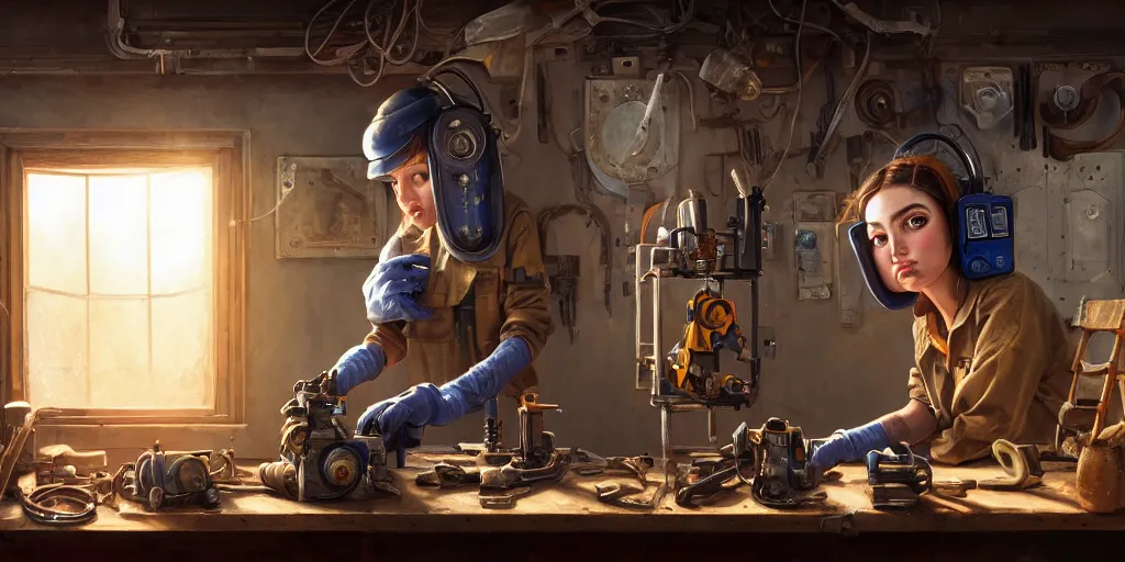 Prompt: highly detailed portrait painting of welder girl perfect symmetrical face, room mono window, workbench mess, by eddie mendoza and tyler edlin, 8 k resolution