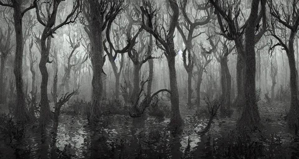 Prompt: A dense and dark enchanted forest with a swamp, by burns jim