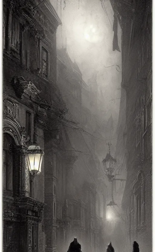 Image similar to A vampire lurks in the shadows of Victorian city in the night, illuminated by gas lamps, hyperdetailed, artstation trending, world renowned artists, worth1000.com, historic artworks society, antique renewel, cgsociety, by greg rutkowski, by Gustave Dore, Deviantart