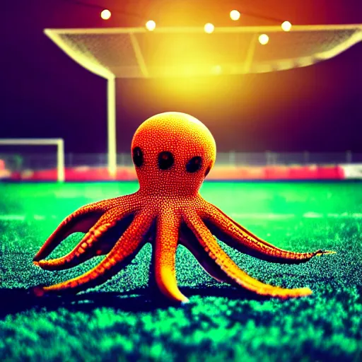 Image similar to a friendly large octopus playing soccer, on a soccer field, realistic photo, award winning photo, ultra wide shot, 3 5 mm, bokeh, blurred background, colorful lights, golden ratio