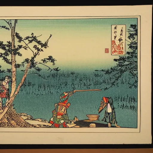 Image similar to late meiji period, colored woodblock print, paul bunyan