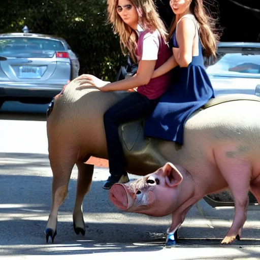 Image similar to sarah hyland riding on the back of a pig in traffic