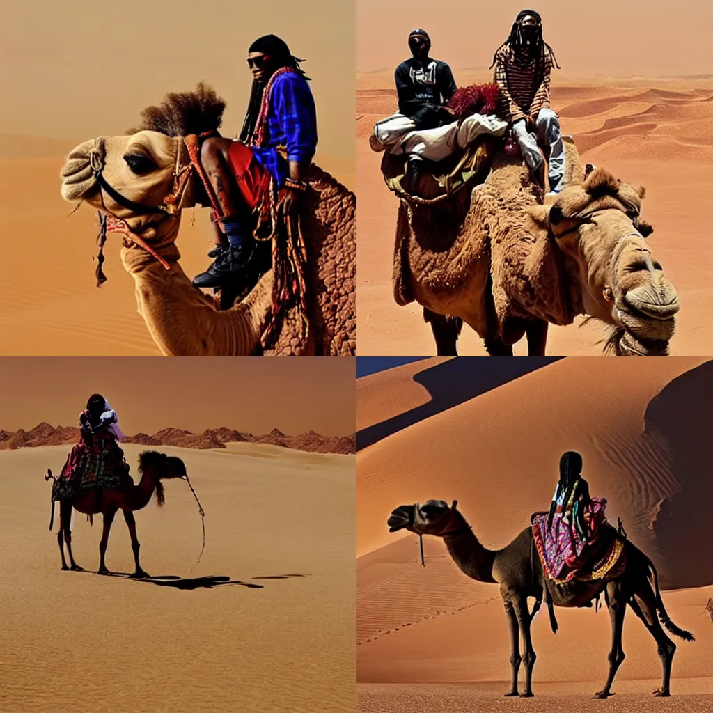 Prompt: Lil' Wayne riding a camel in the Sahara Desert