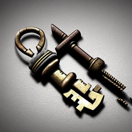 Image similar to a stylised old metal key, key is on the center of the image, rpg game inventory item, on the white background, high poly vray, stylised textures