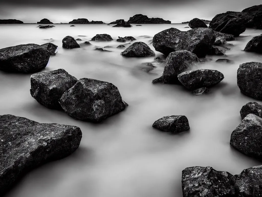 Image similar to a black and white wide-angle long exposure photograph of large rocks in water and cloudy sky, fine art photography