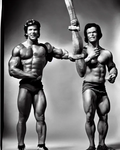 Image similar to young Steve Reeves dressed as Hercules and young Arnold Schwarzenegger dressed as Conan pose for Annie Leibovitz, Studio Lighting Hyperreal