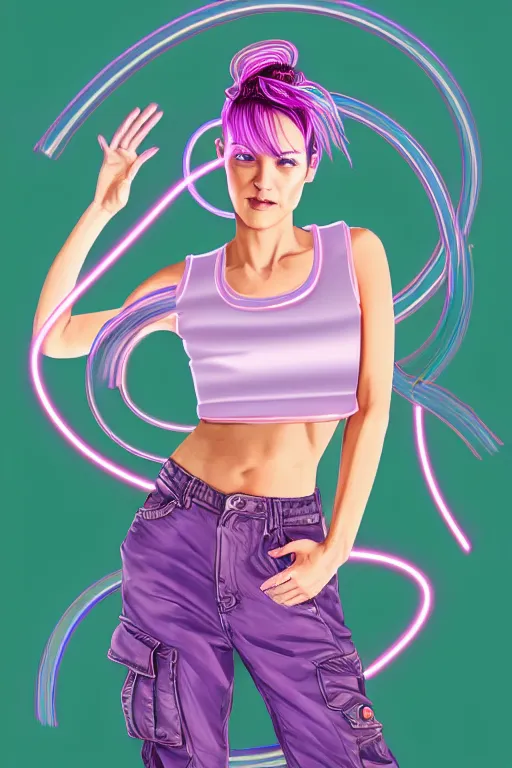 Image similar to a award winning half body portrait of a beautiful woman in a croptop and cargo pants with ombre purple pink teal hairstyle and hands in pockets by ari liloan, surrounded by whirling illuminated lines, outrun, vaporware, shaded flat illustration, digital art, trending on artstation, highly detailed, fine detail, intricate