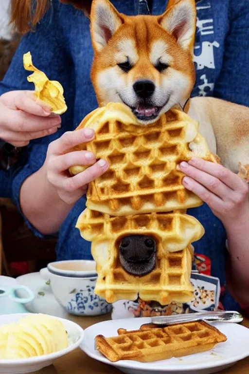 Prompt: a dog cutely eating a waffle with butter and syrup on top, cute, shiba inu