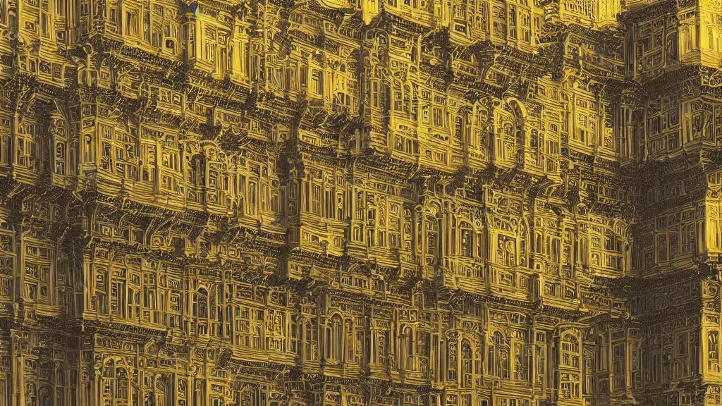 Image similar to baroque architecture, by Escher and Jean Delville, fractal, walled city of Kowloon, golden lighting, ornate