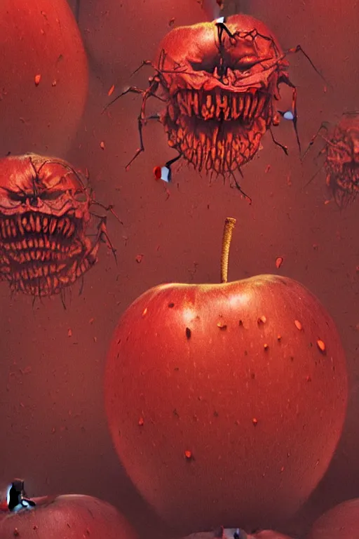 Image similar to horde of bugs eating the inside of an apple, close up of an apple, by zdzislaw beksinski, by dariusz zawadzki, by wayne barlowe, gothic, surrealism, cosmic horror, lovecraftian, cold hue's, warm tone gradient background, concept art, beautiful composition